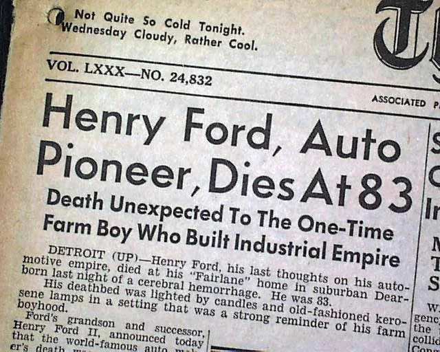 Cikk Henry Ford haláláról 1947